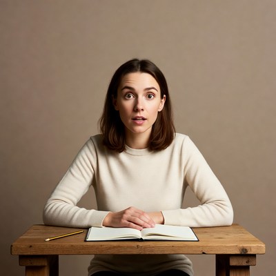Surprised woman at desk with notebook
