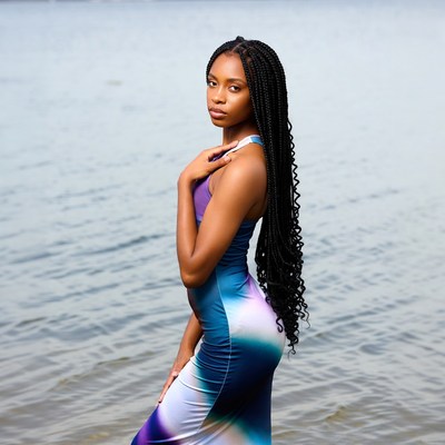 African-American woman in dress by lake