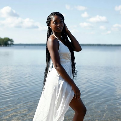 Black woman in white dress by lake