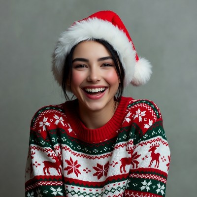 Smiling woman in Santa hat and reindeer sweater
