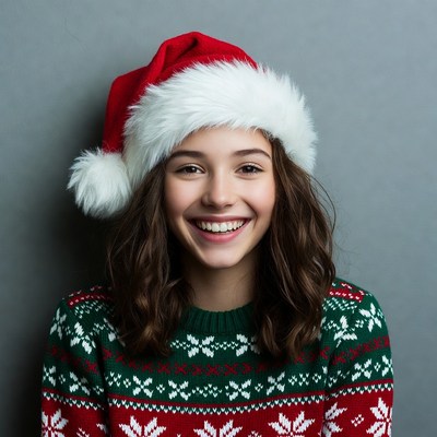Girl smiling in Santa hat and sweater