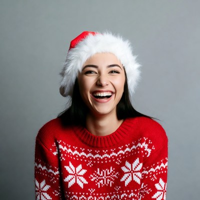 Woman laughing in Santa hat sweater