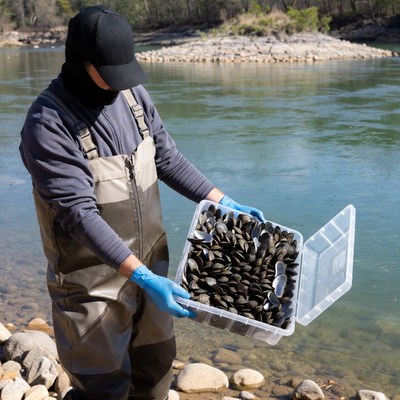 Man holding mussels by river