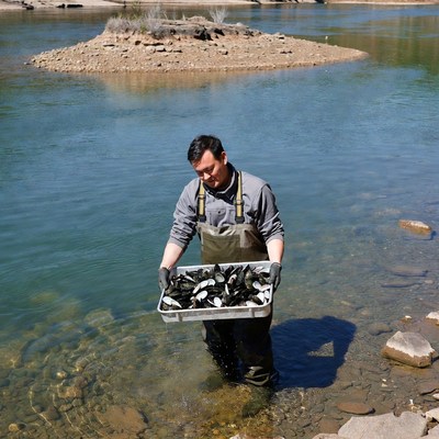 Man harvesting mussels in river