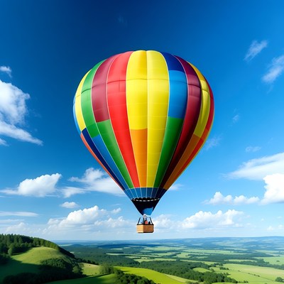 Colorful Hot Air Balloon Flying Over Hills