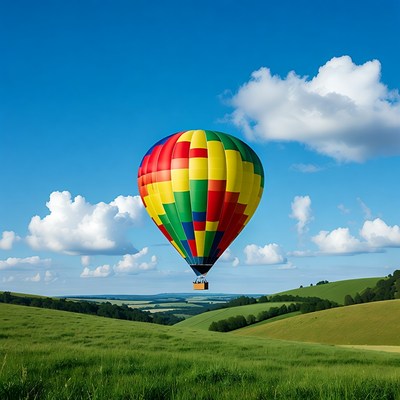 Colorful hot air balloon over green hills