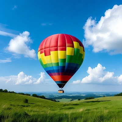 Rainbow Hot Air Balloon Over Green Hills