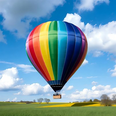 Rainbow Hot Air Balloon Over Fields