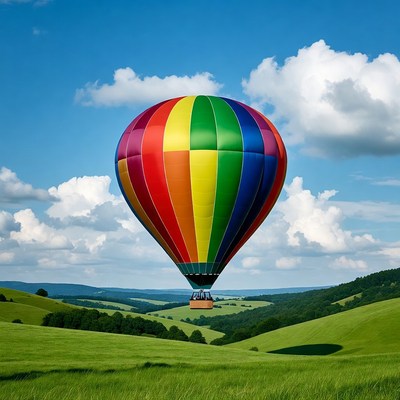 Colorful Hot Air Balloon Over Green Hills