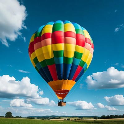 Colorful hot air balloon over green field