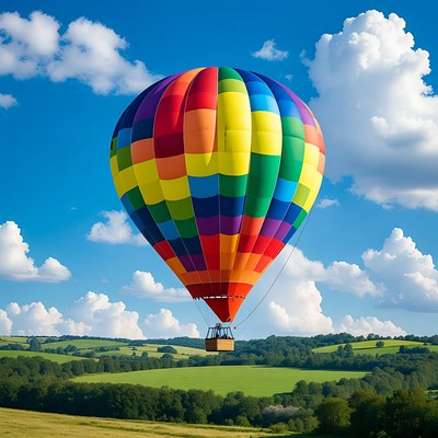 Colorful Hot Air Balloon Over Green Hills