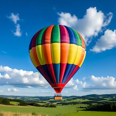 Colorful hot air balloon over green hills
