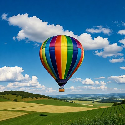 Colorful hot air balloon over green fields