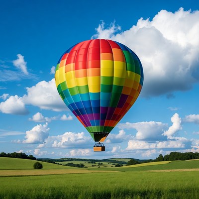 Rainbow Hot Air Balloon Over Fields