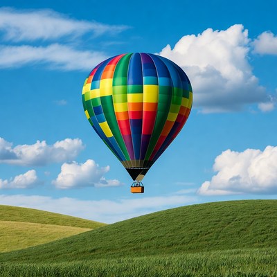 Colorful hot air balloon over green hills