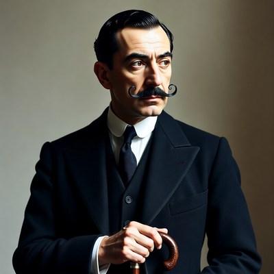 Man with Curly Mustache Holding Cane