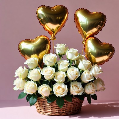 White Roses Bouquet with Gold Heart Balloons