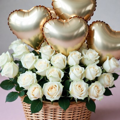 White Roses Bouquet with Gold Heart Balloons