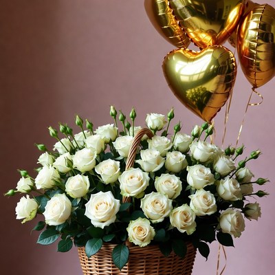 White Roses in Basket with Gold Balloons