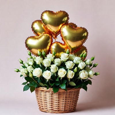 Gold heart balloons white roses basket