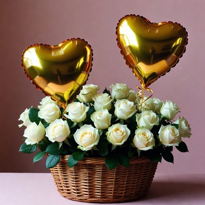White Roses Bouquet with Gold Heart Balloons