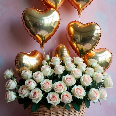 Gold heart balloons with pink roses
