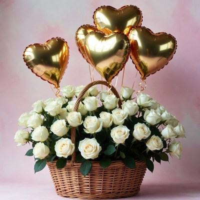 Basket of White Roses with Gold Heart Balloons