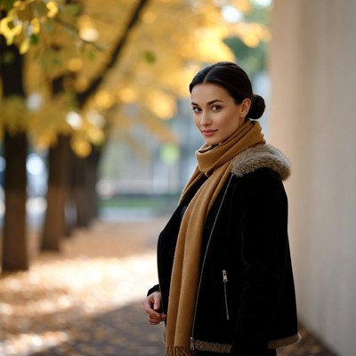 Woman in black coat with autumn trees