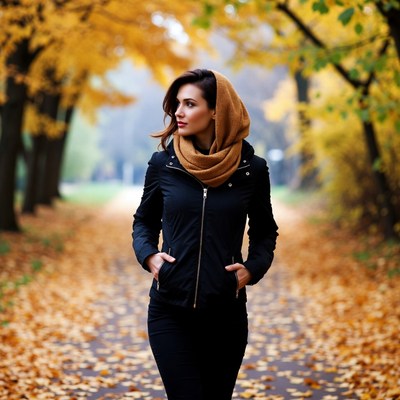 Woman in yellow scarf autumn path