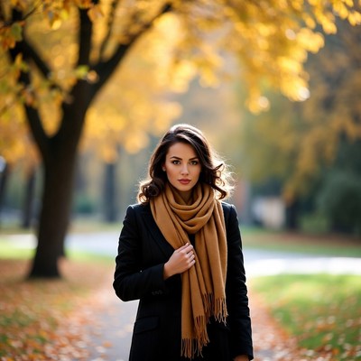 Woman in black coat with orange scarf in autumn park