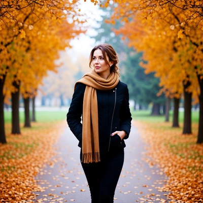 Woman walking autumn path with scarf