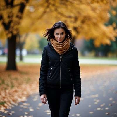 Woman walking autumn path with yellow trees