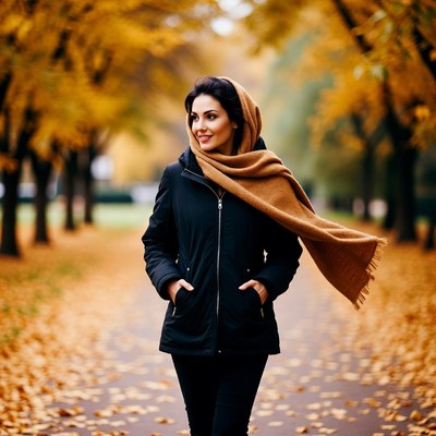 Woman in scarf walking autumn path