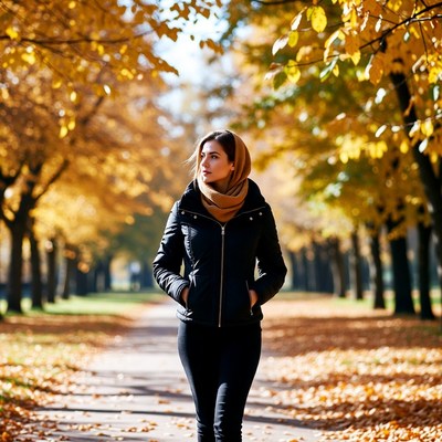 Woman in hijab walking autumn path