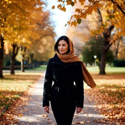 Woman in scarf walking autumn path
