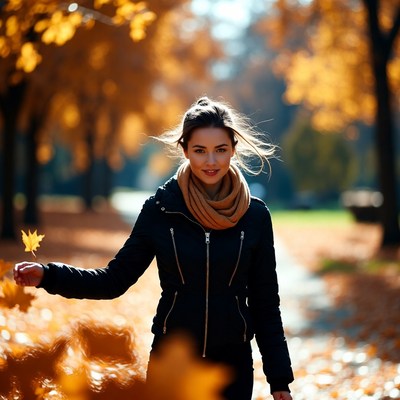 Woman holding autumn leaf in fall forest