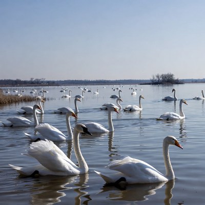 Flock of white swans on lake