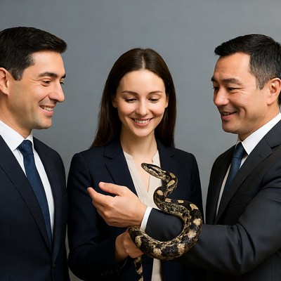 Business professionals holding snake