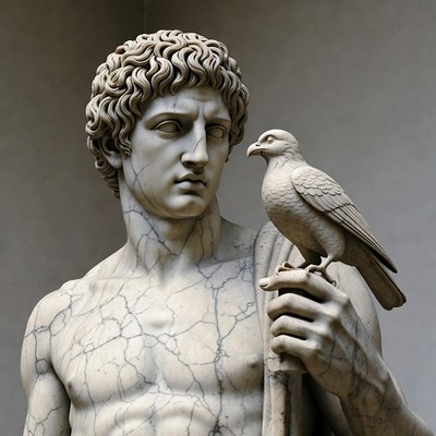 Marble statue man holding falcon