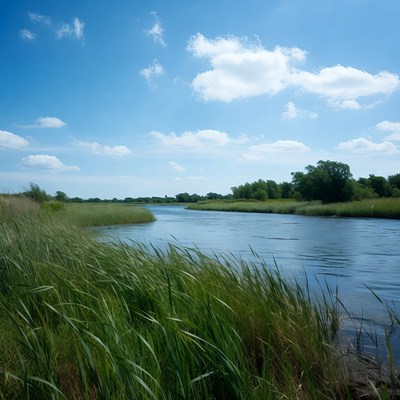 River flowing through green reeds
