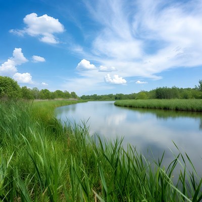 Serene River with Reeds and Blue Sky