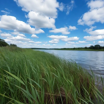 Green reeds by calm river