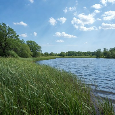 Serene lake with reeds and trees