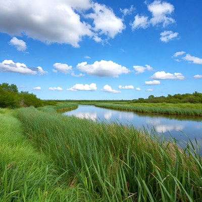 Serene River in Lush Green Marshes