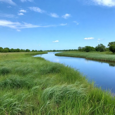 River winding through green marsh grass