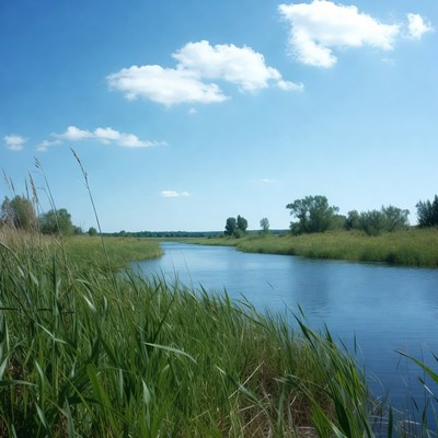 River flowing through green reeds