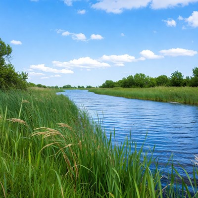 River flowing through green reeds