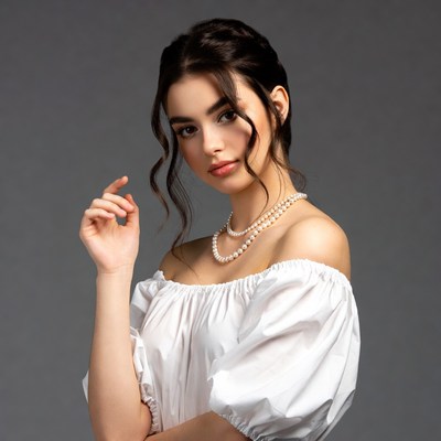 Woman in off-shoulder blouse with pearl necklace
