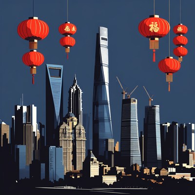 Shanghai Skyline with Red Lanterns