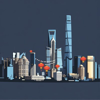 Shanghai skyline with red lanterns